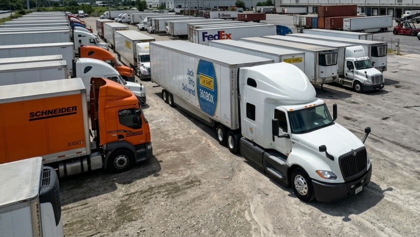 Semi-trucks and trailers lined up at a freight terminal yard